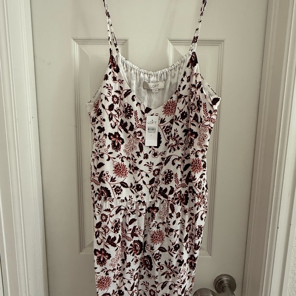 LOFT White Romper with Burgundy Floral Print